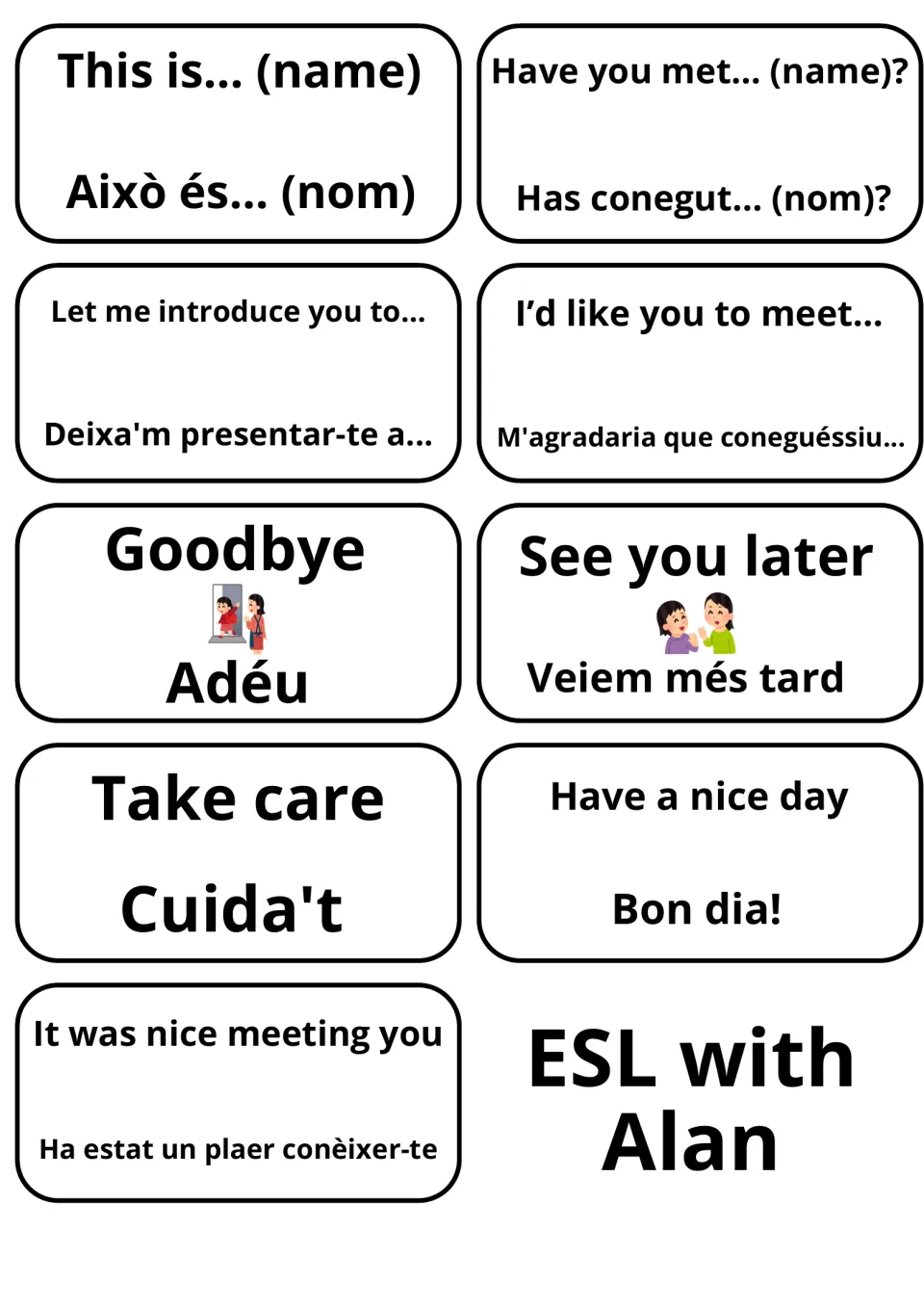 Catalan cards for introducing others and farewells: This is…, Let me introduce you to…, Goodbye/Adéu, See you later