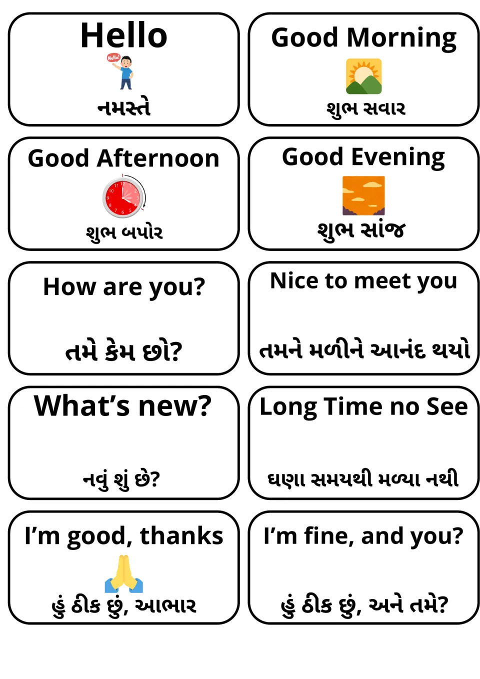 Greetings flashcards in English and Gujarati: Hello, Good Morning, How are you?, Long Time no See and I'm fine, and you?