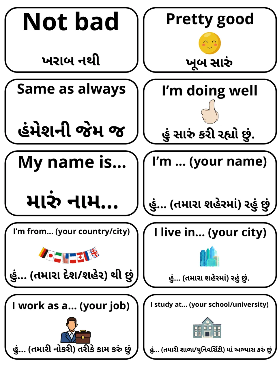 Self-introduction flashcards with Gujarati: Not bad, I'm doing well, My name is..., I'm from... and I work as a...
