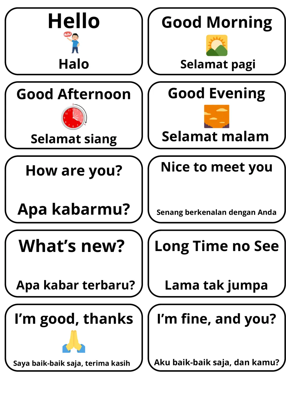 Greetings flashcards: 10 English phrases like Hello, Good morning and How are you? each paired with Indonesian