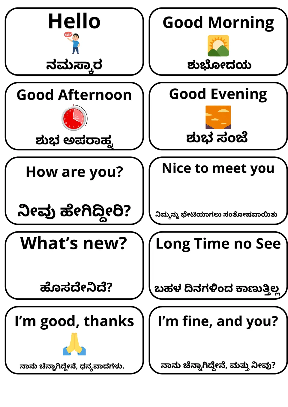 Greetings flashcards in English and Kannada: Hello, Good Morning, How are you?, Nice to meet you, I'm good, thanks