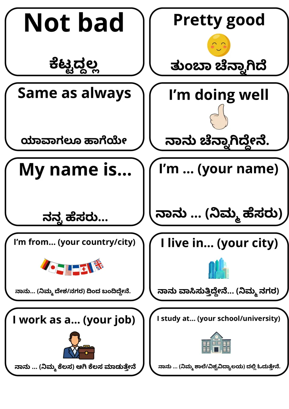 Self-introduction flashcards in English and Kannada: Not bad, My name is..., I'm from..., I live in..., I work as a...