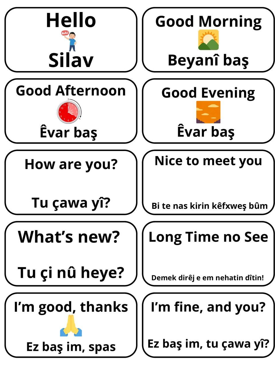 Kurmanji greeting flashcards: 10 cards pair English phrases like Hello, Good Morning and How are you? with Kurmanji