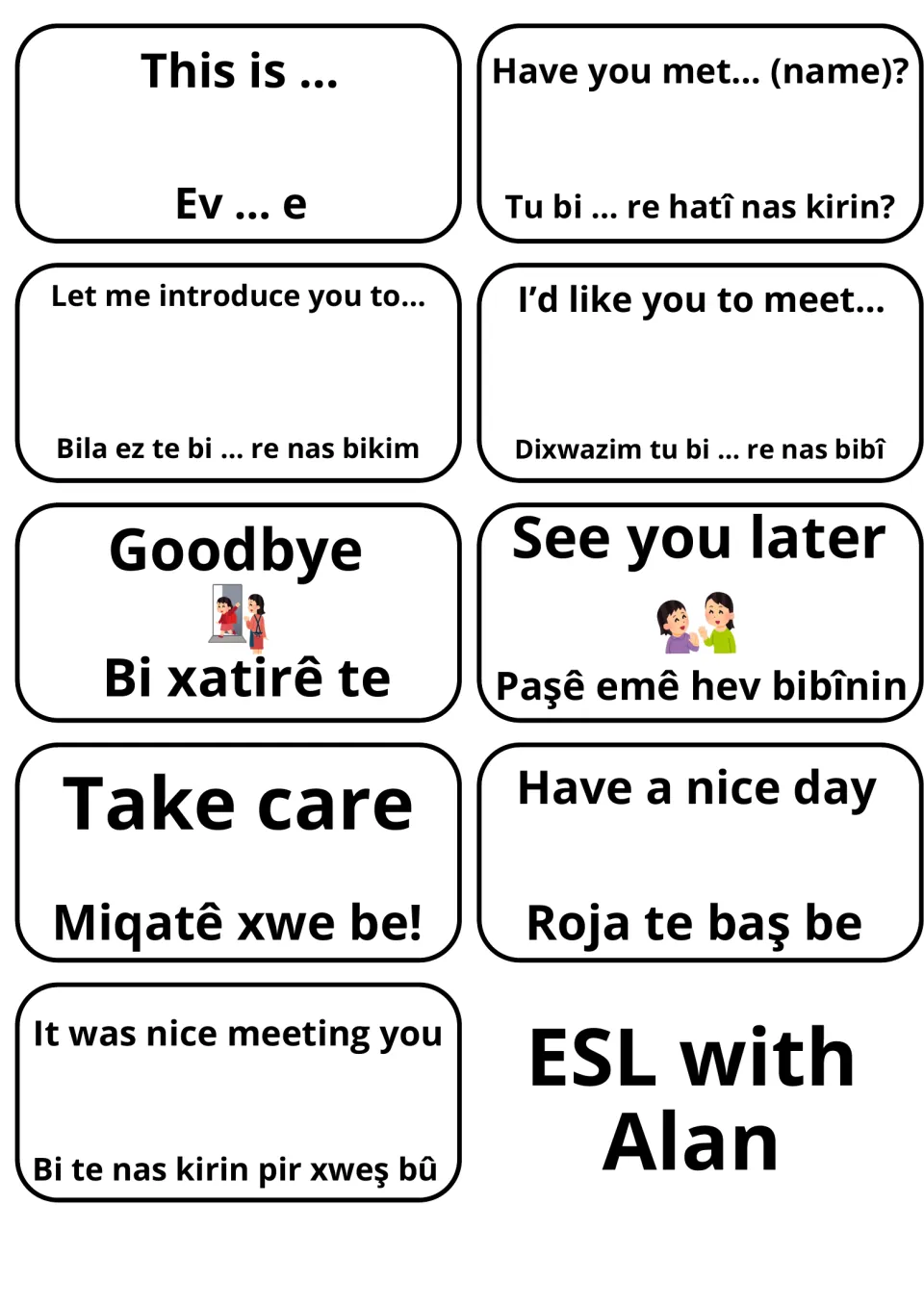 Introducing others and farewells: cards for This is…, Let me introduce you to…, Goodbye and Take care in Kurmanji