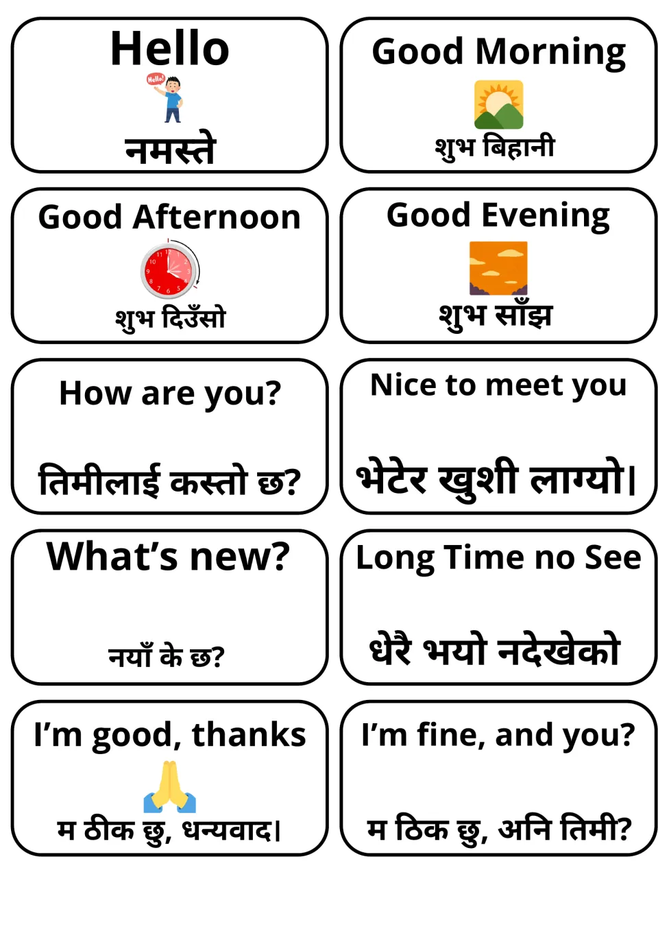 Greeting flashcards in English and Nepali: Hello, Good Morning, How are you?, Nice to meet you, What's new?