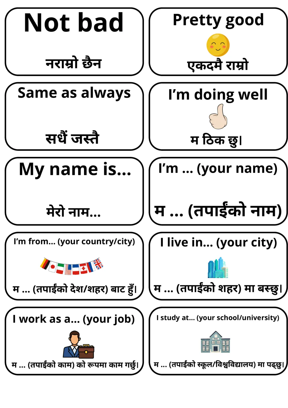 Self-introduction flashcards in Nepali and English: Not bad, Pretty good, My name is, I'm from, I live in, I work as a