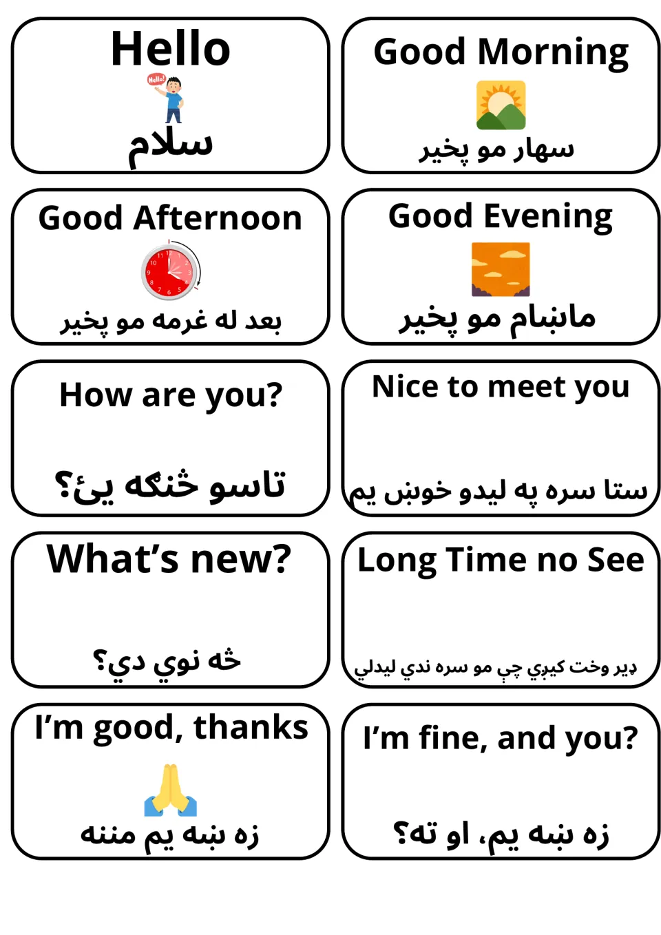 Greetings flashcards in English and Pashto: Hello, Good Morning, How are you?, Nice to meet you, I'm good, thanks
