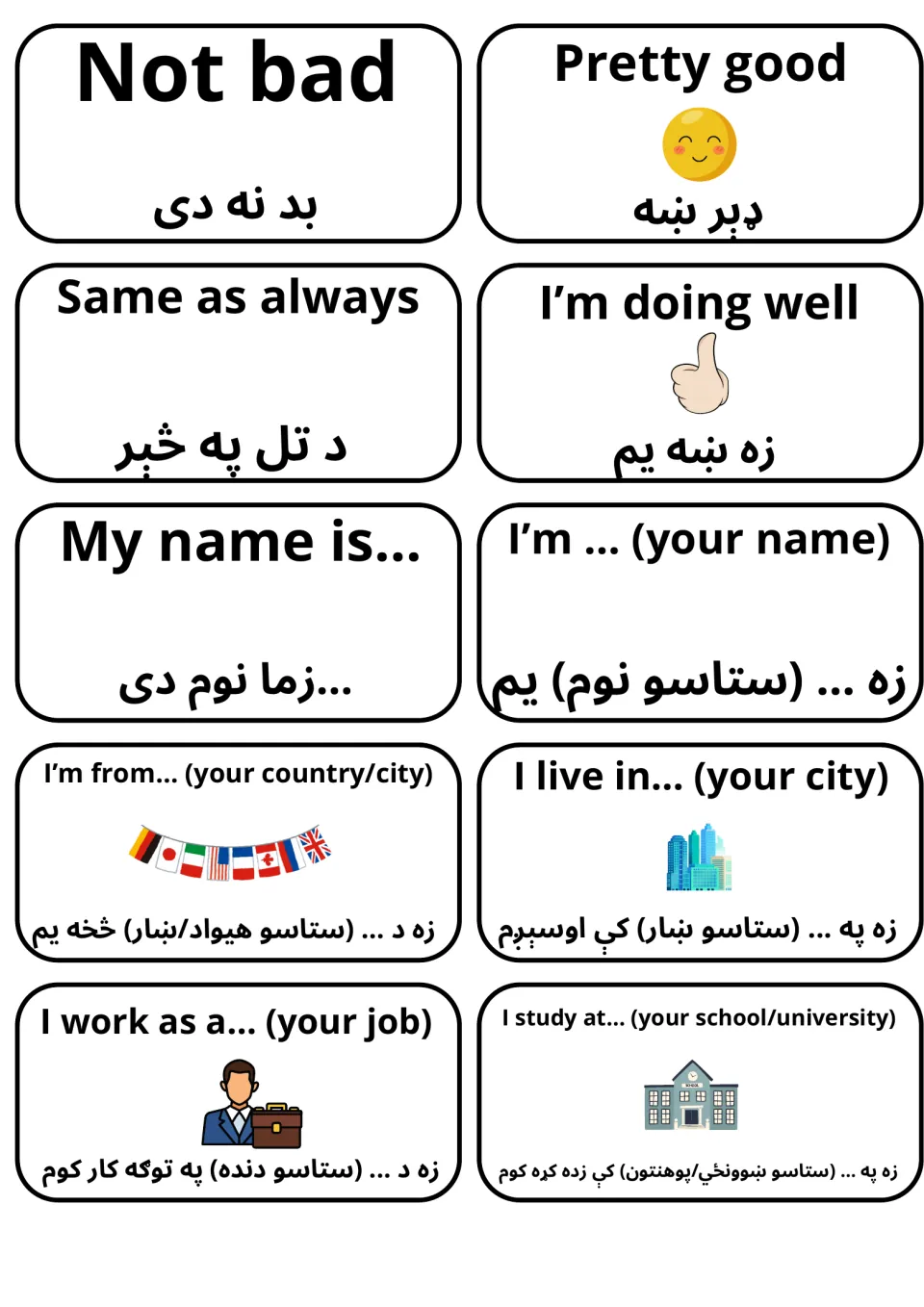 Self-introduction flashcards in English and Pashto: Not bad, My name is..., I'm from..., I live in..., I work as a...