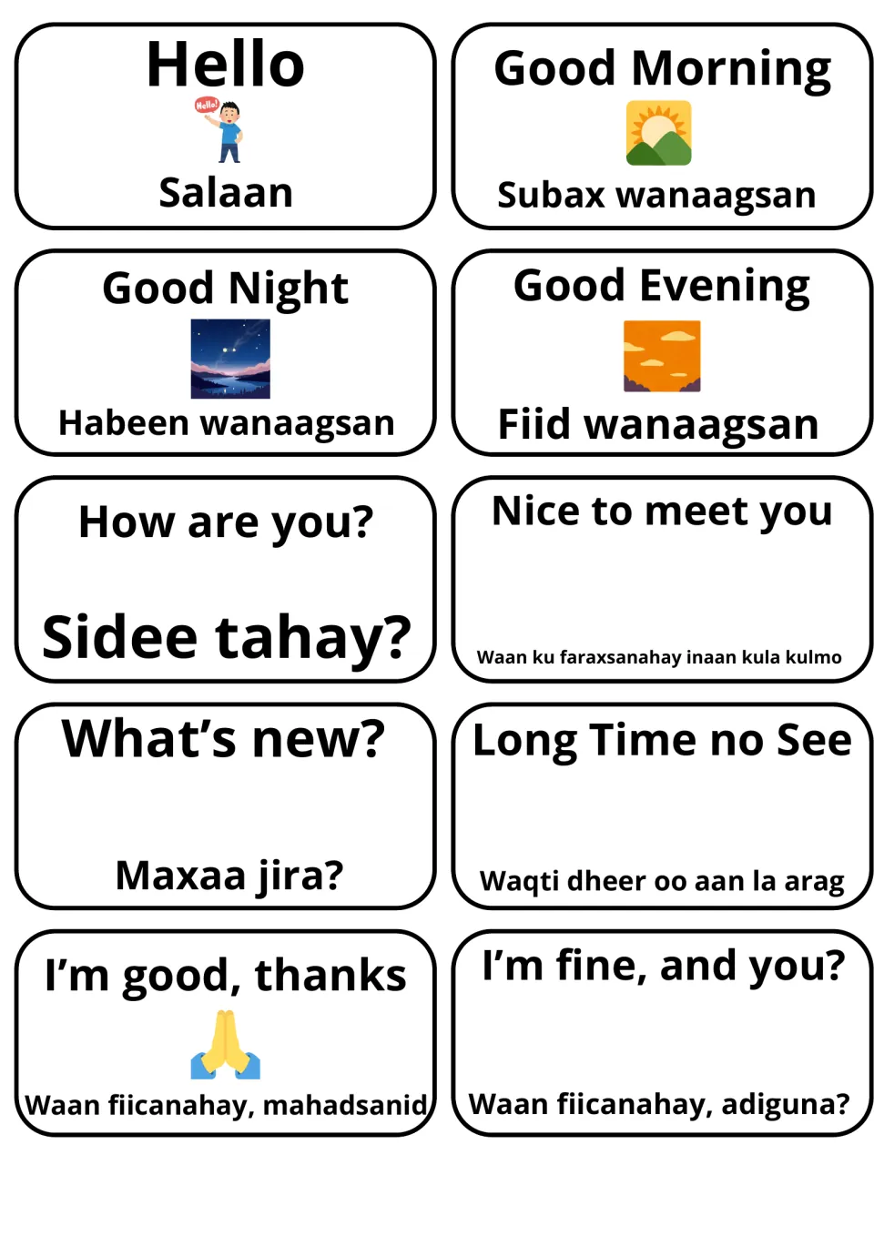 English-Somali greeting flashcards: 10 cards pair Hello, Good Morning, How are you? and more with Somali phrases