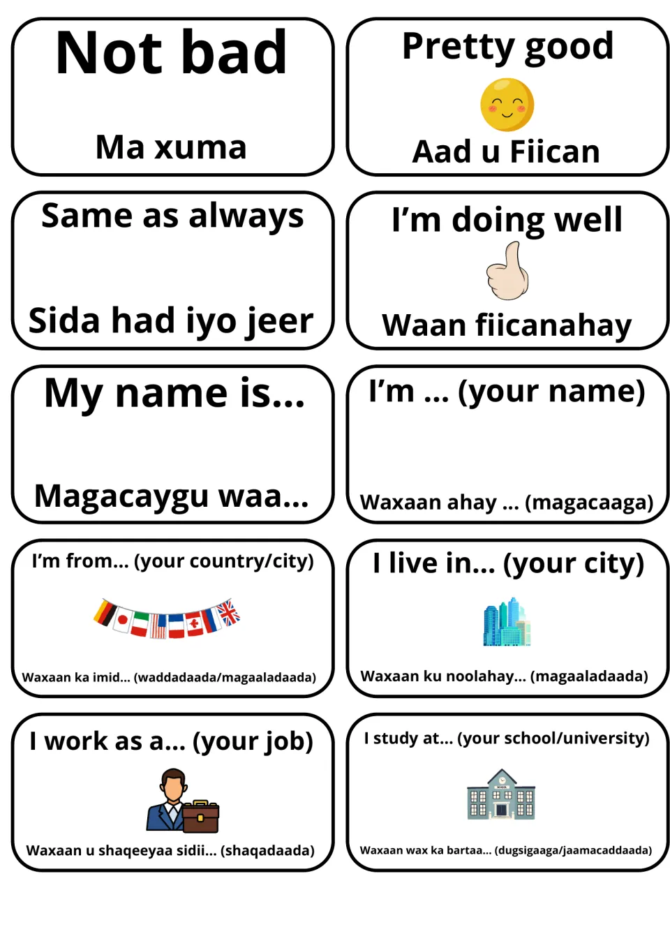 Self-introduction flashcards in English and Somali: Not bad, My name is..., I'm from..., I live in..., I study at...