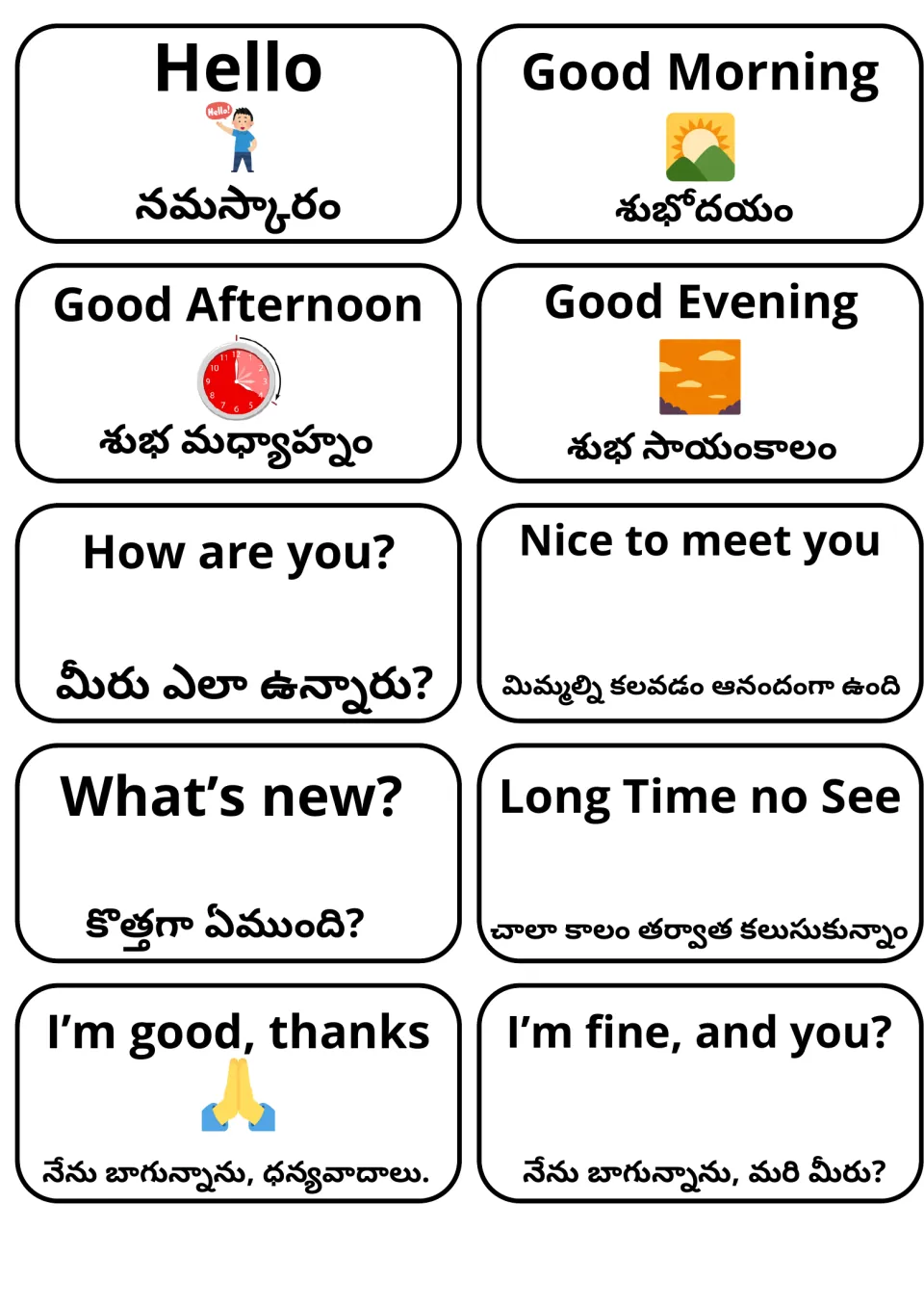 English-Telugu greeting flashcards: Hello, Good Morning, How are you?, What's new? and replies like I'm good, thanks