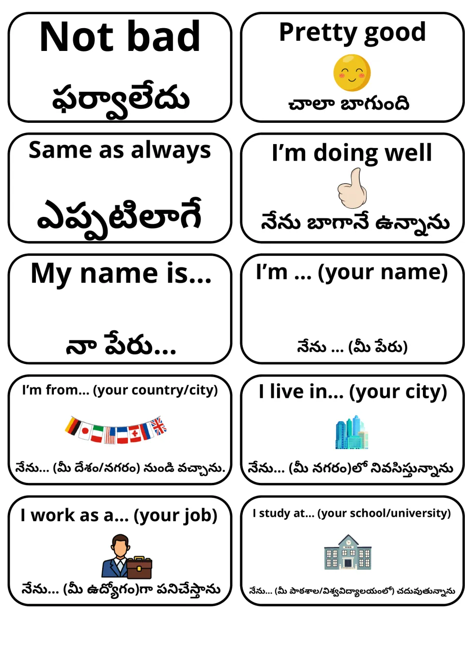 Self-introduction flashcards in English and Telugu: Not bad, My name is..., I'm from..., I live in..., I work as a...