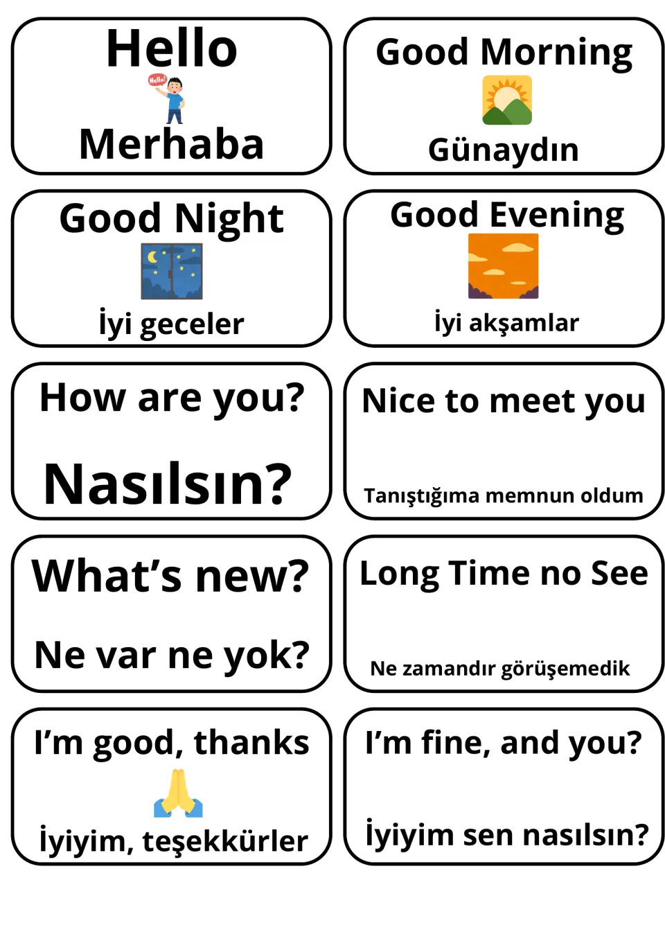English-Turkish greeting flashcards: 10 cards pair Hello, How are you? and Long time no see with Turkish below each