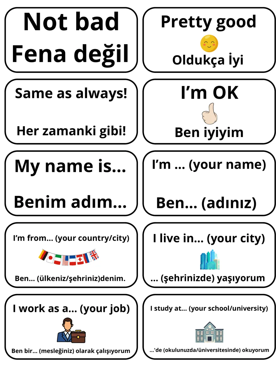 English-Turkish self-introduction cards: Not bad, I'm OK, My name is…, I'm from…, I work as a… with Turkish below each