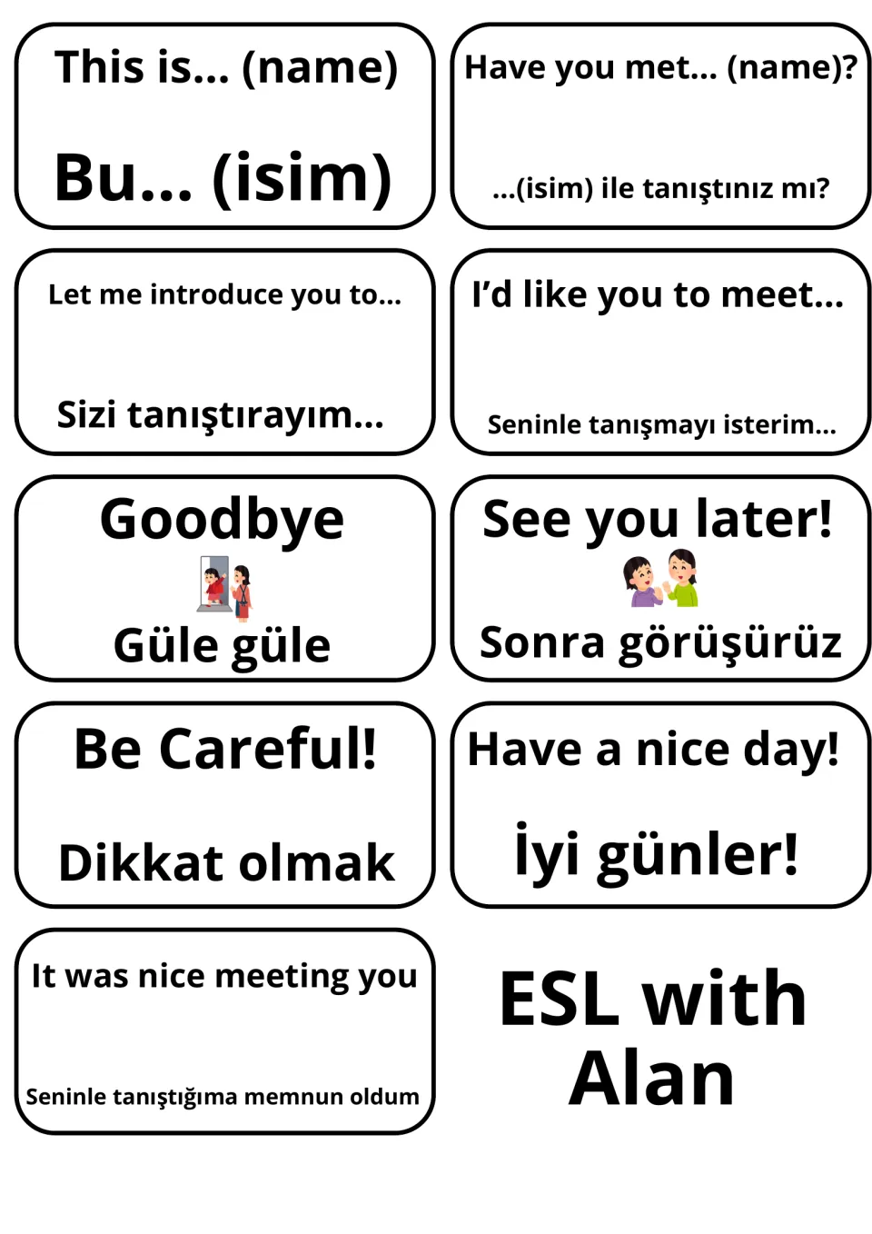 English-Turkish cards for introducing others and farewells: This is…, Let me introduce you to…, Goodbye, See you later!