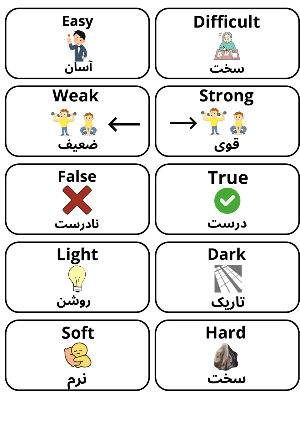 Illustrated adjective cards pairing English and Dari: easy, difficult, weak, strong, false, true, light, dark, soft, hard