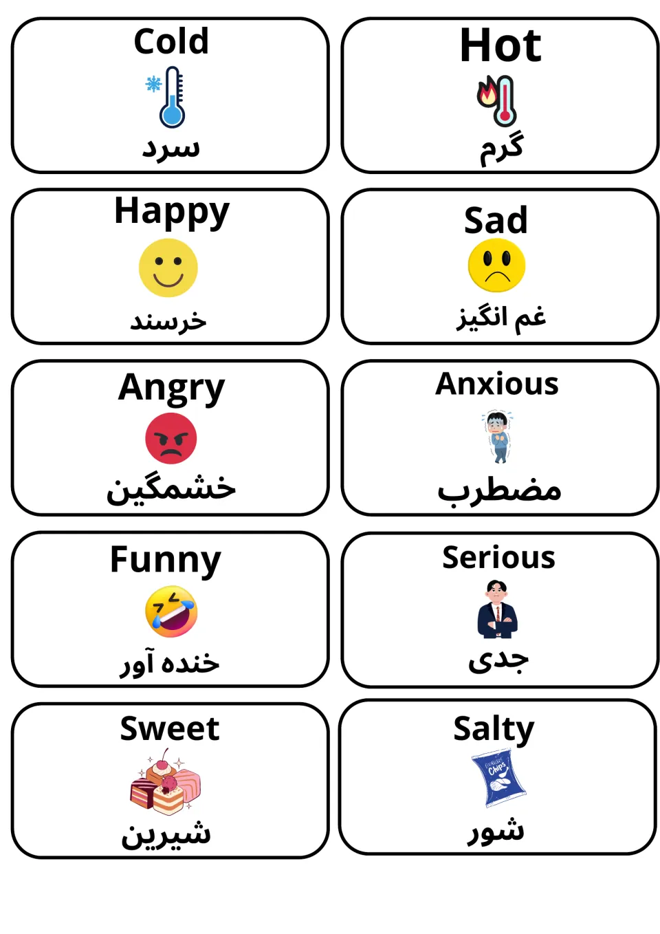 Feelings and senses adjectives with Dari words: cold, hot, happy, sad, angry, anxious, funny, serious, sweet, salty