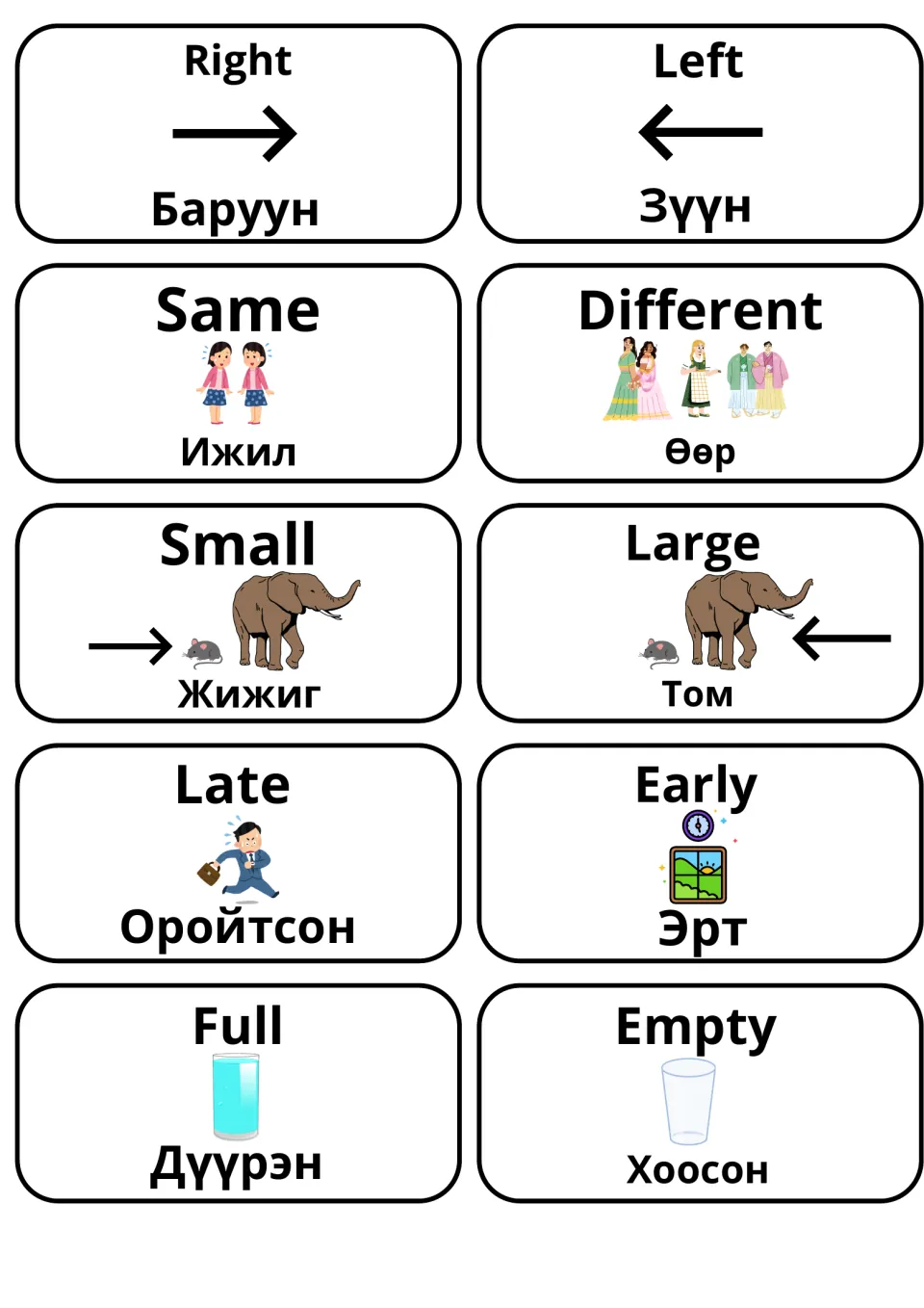 Opposites cards in English and Mongolian: right/left, same/different, small/large, late/early, full/empty with pictures