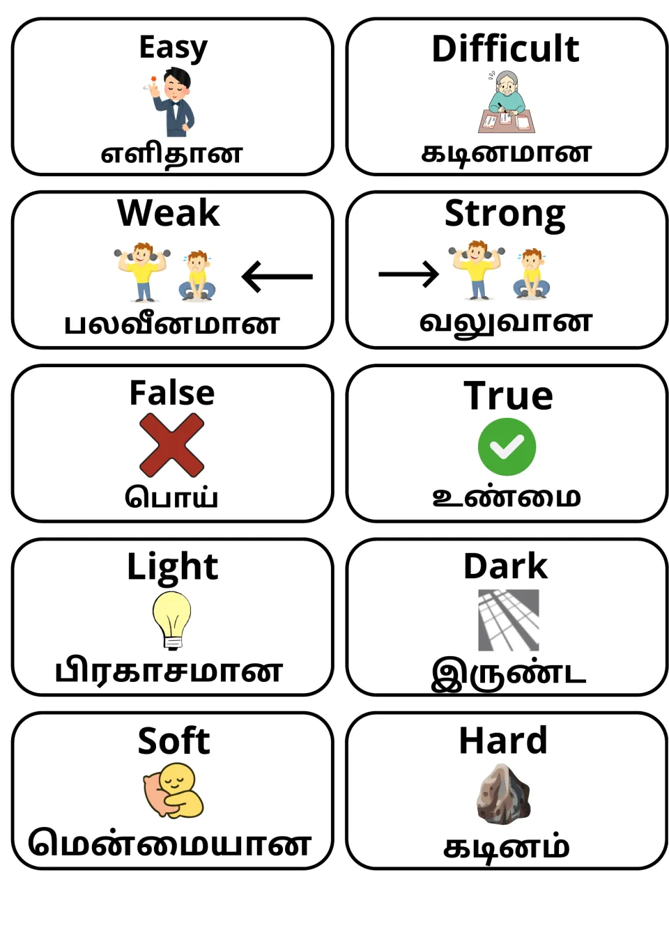 Opposite adjective cards in English and Tamil: easy/difficult, weak/strong, false/true, light/dark, soft/hard