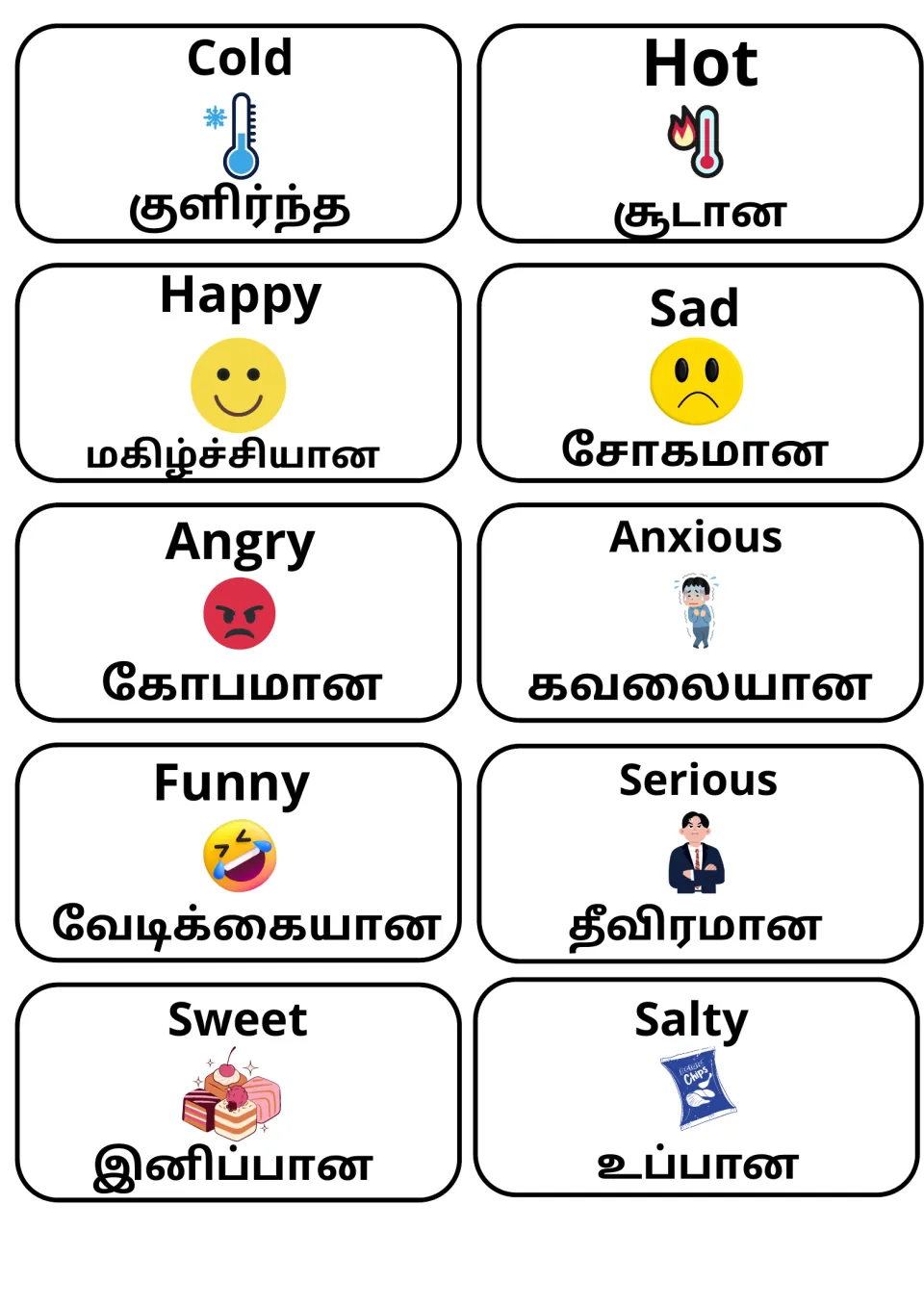 Feelings and senses adjectives with Tamil words: cold/hot, happy/sad, angry/anxious, funny/serious, sweet/salty