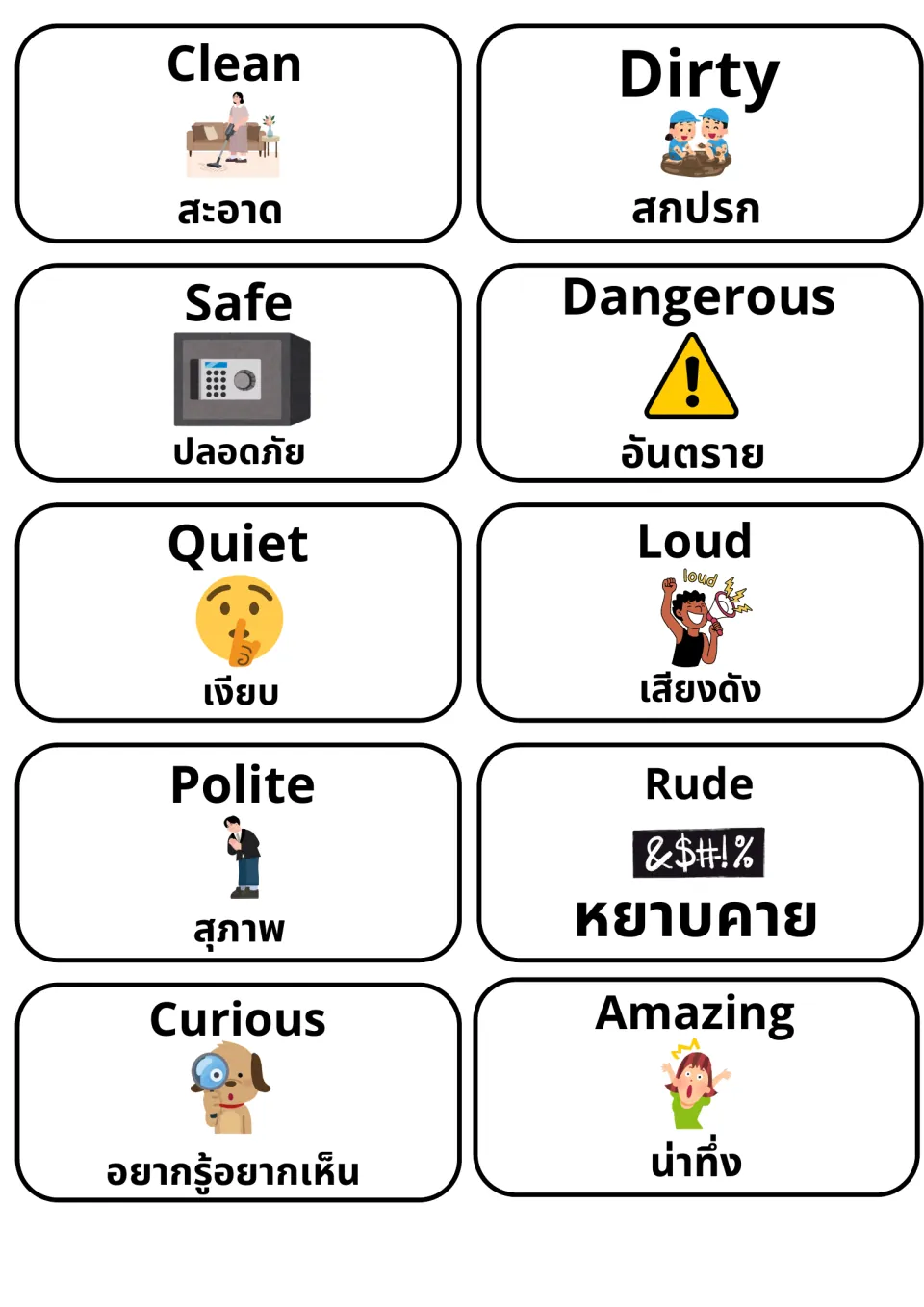 English adjectives with Thai words: clean/dirty, safe/dangerous, quiet/loud, polite/rude, curious/amazing, illustrated