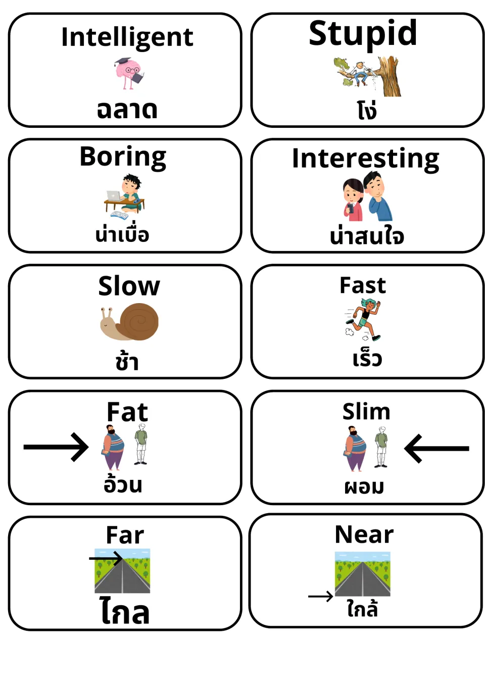 Picture cards pairing English and Thai: intelligent/stupid, boring/interesting, slow/fast, fat/slim, far/near