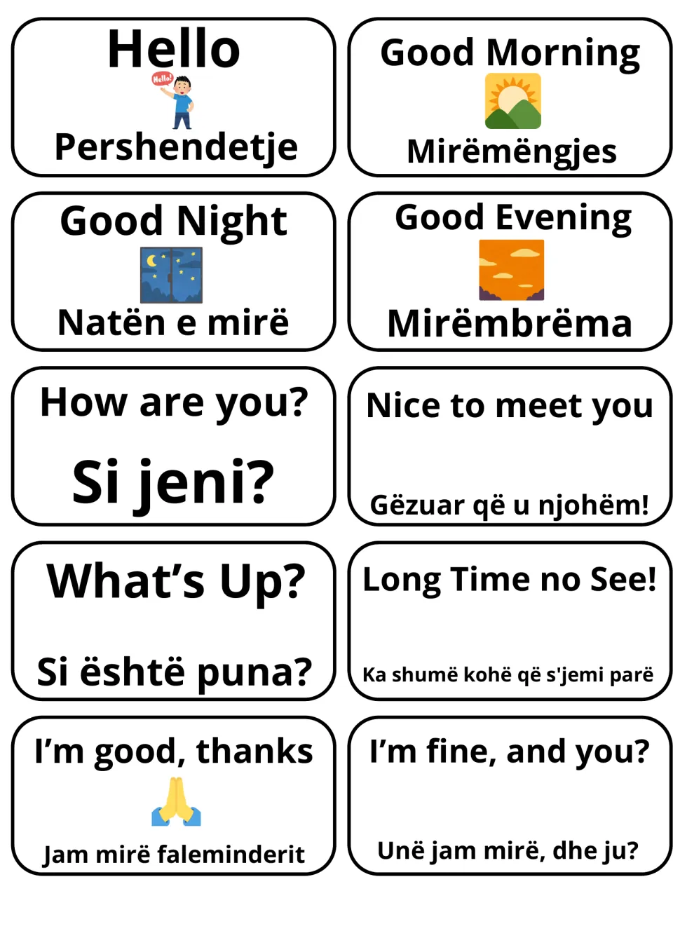 Greetings flashcards: 10 English-Albanian cards such as Hello/Pershendetje and How are you?/Si jeni? to cut and practise