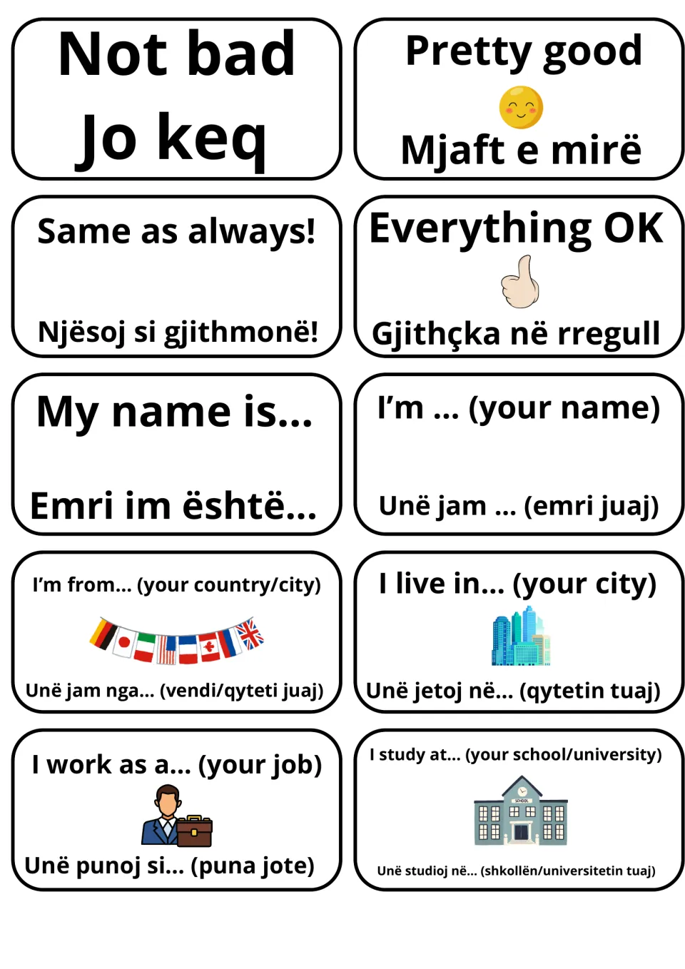 Self-introduction flashcards in English and Albanian: students complete My name is…, I'm from…, I live in…, I work as a…