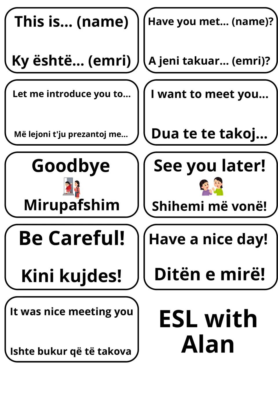 Introducing others and farewells: 9 English-Albanian cards like This is… (name), Goodbye/Mirupafshim and Have a nice day!