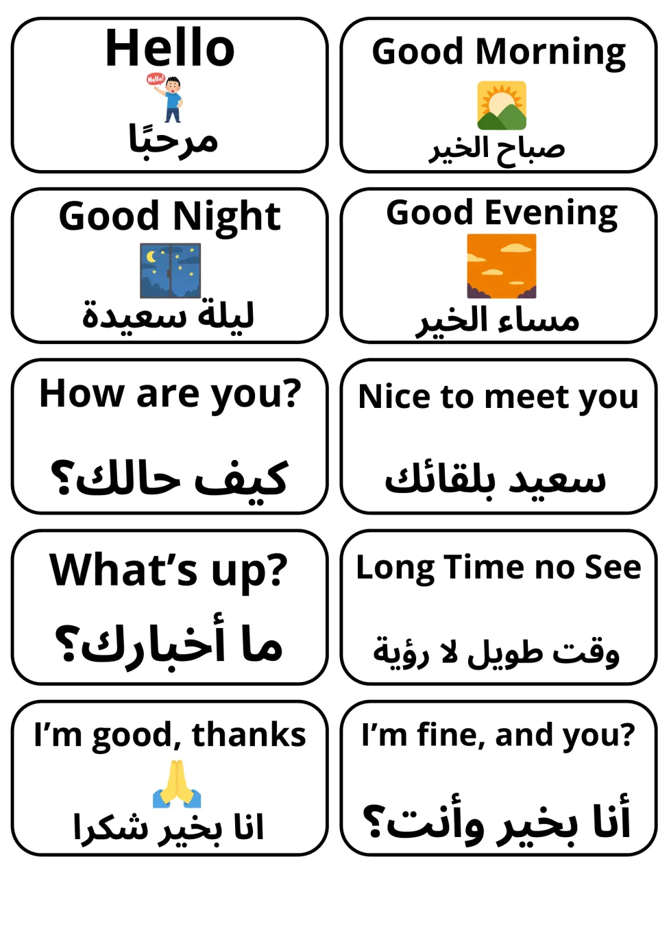 English-Arabic introduction flashcards 1–10: Hello, Good Morning, How are you? and seven more phrases