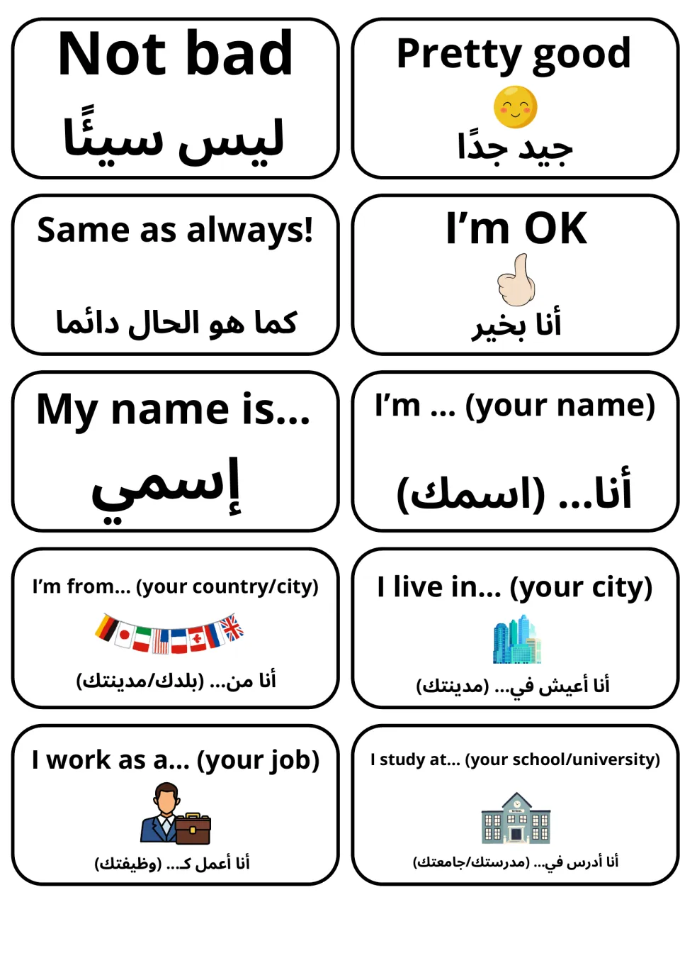 English-Arabic introduction flashcards 11–20: Not bad, My name is..., I live in... and seven more phrases