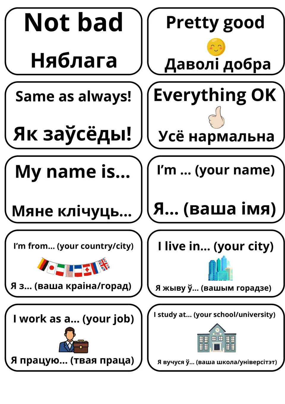 Self-introduction cards in English and Belarusian: Not bad, My name is..., I'm from..., I live in..., I work as a...