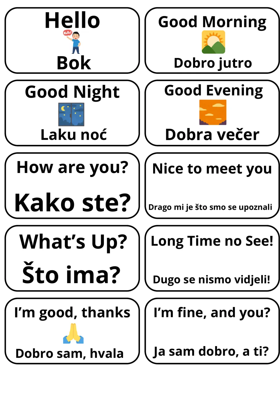 Croatian greeting flashcards: 10 cards pair English and Croatian, e.g. Hello/Bok, Good Morning/Dobro jutro, How are you?