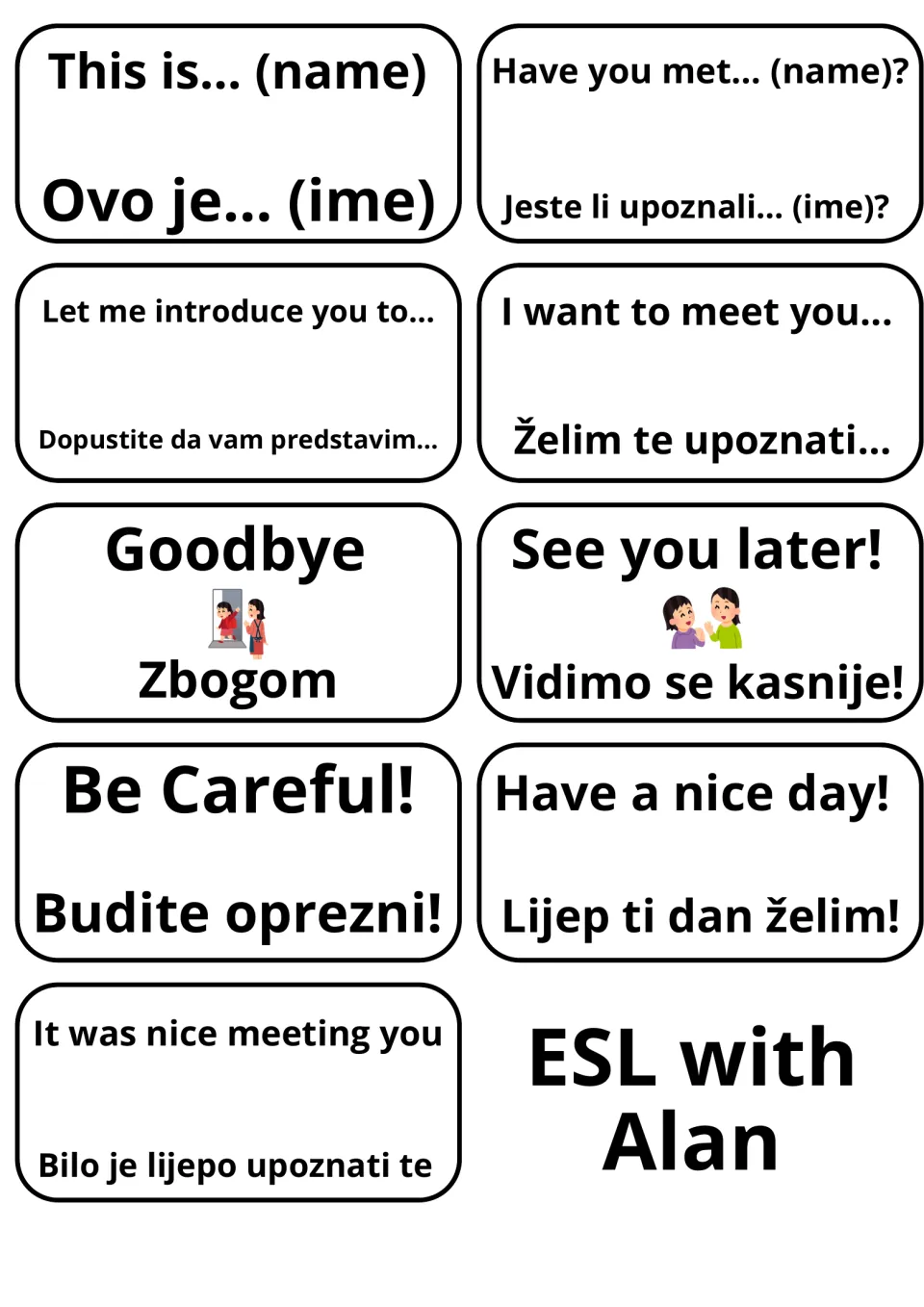 Croatian cards for introducing others and farewells: This is.../Ovo je..., Goodbye/Zbogom, See you later!