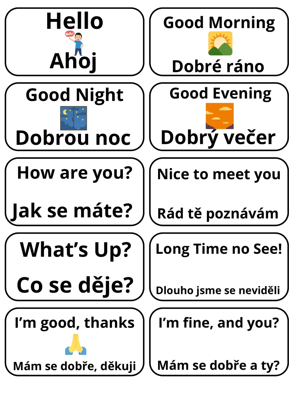 Greetings flashcards in English and Czech: 10 cards from Hello/Ahoj to How are you? and I'm fine, and you?