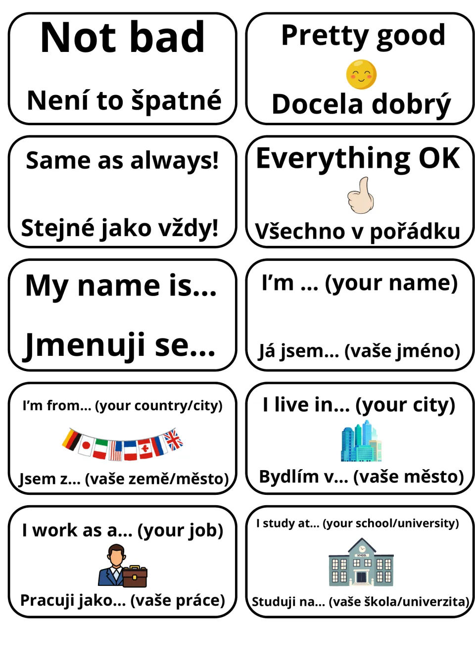 Self-introduction flashcards in English and Czech: replies like Not bad plus My name is…, I'm from… and I work as a…