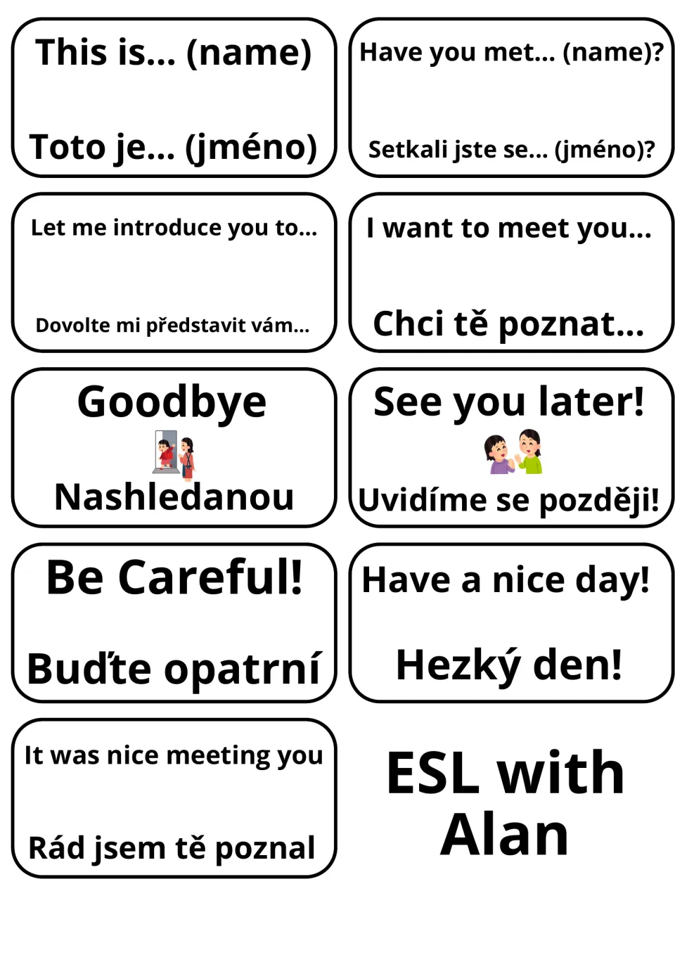 Introducing others and farewells in English and Czech: 9 cards such as This is…, Have you met… and Goodbye/Nashledanou