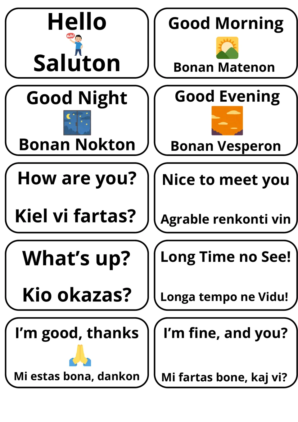 Greetings flashcards in English and Esperanto: Hello/Saluton, Good Morning/Bonan Matenon, How are you?, Nice to meet you