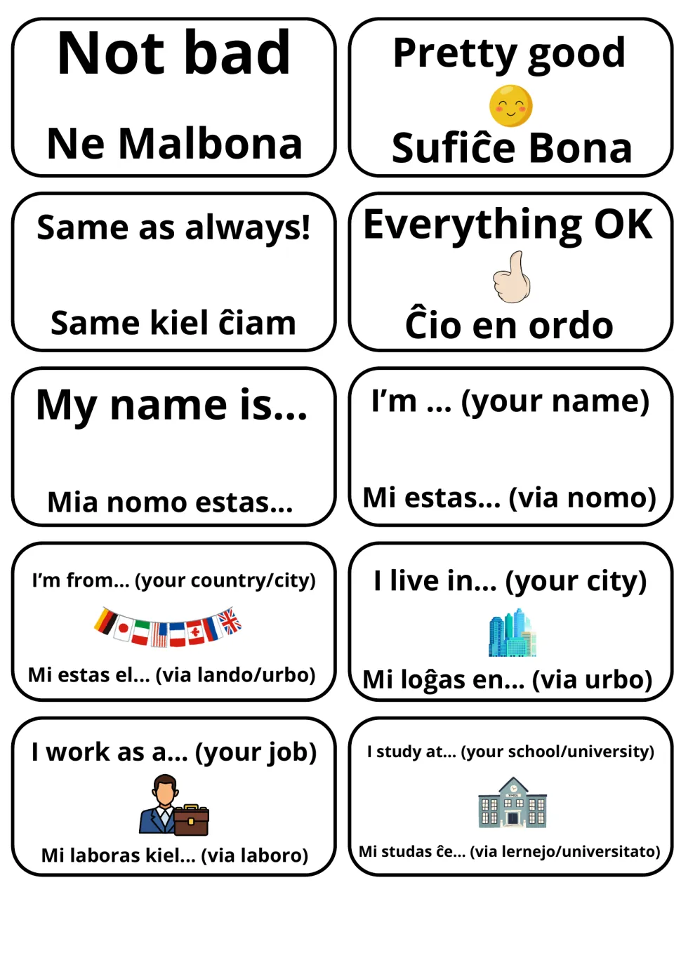 Self-introduction flashcards, English to Esperanto: Not bad, Everything OK, My name is.../Mia nomo estas..., I live in...