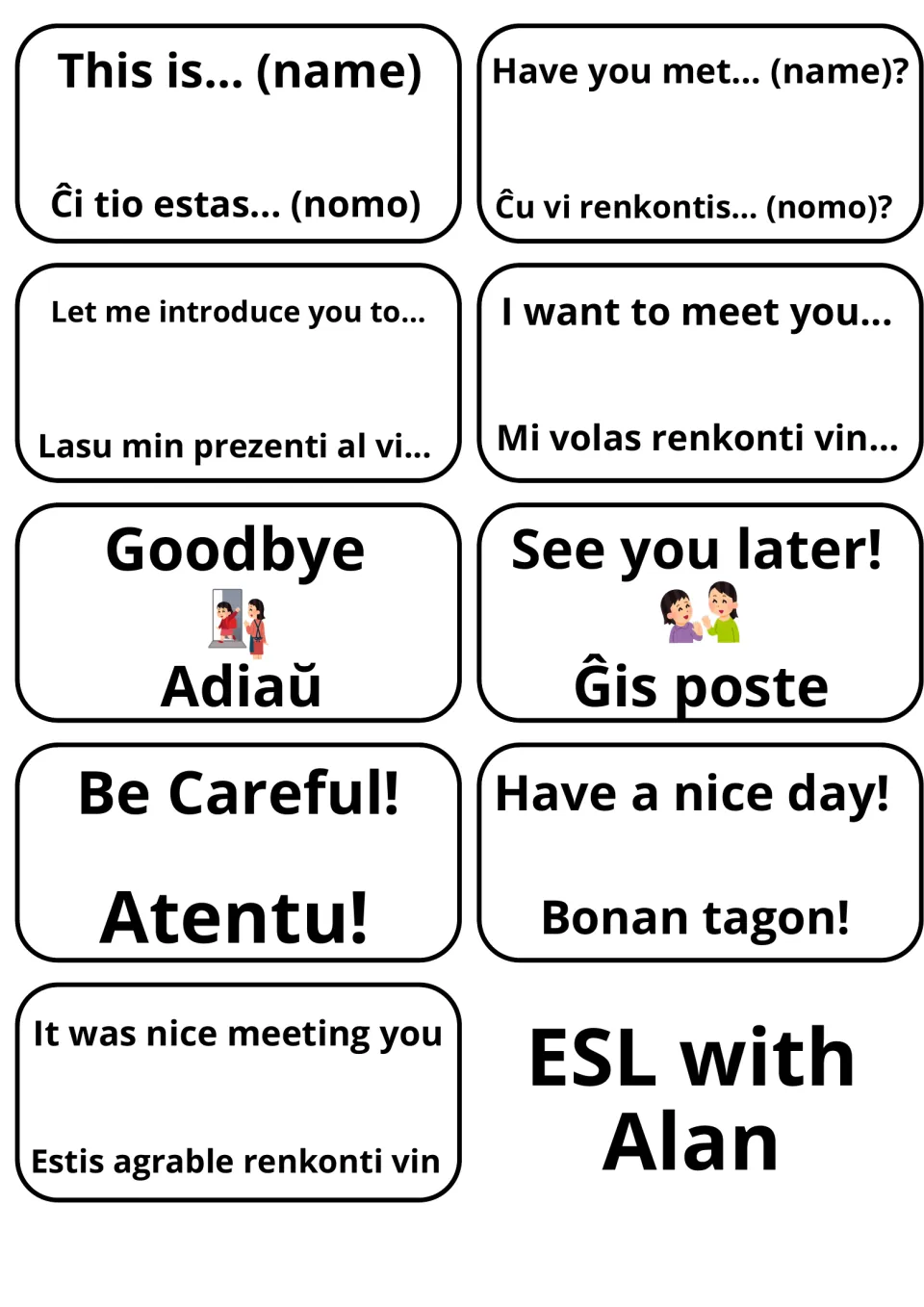 Esperanto cards for introducing others and saying goodbye: This is.../Ĉi tio estas..., Goodbye/Adiaŭ, Ĝis poste