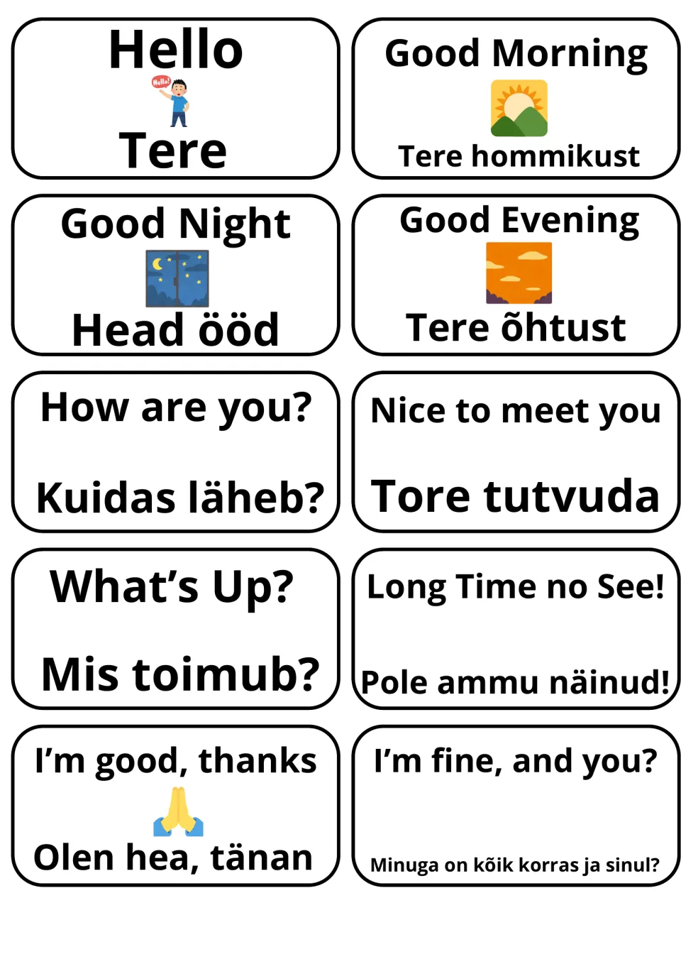 English-Estonian greeting flashcards: Hello/Tere, Good Morning, How are you?, Nice to meet you and replies to practise