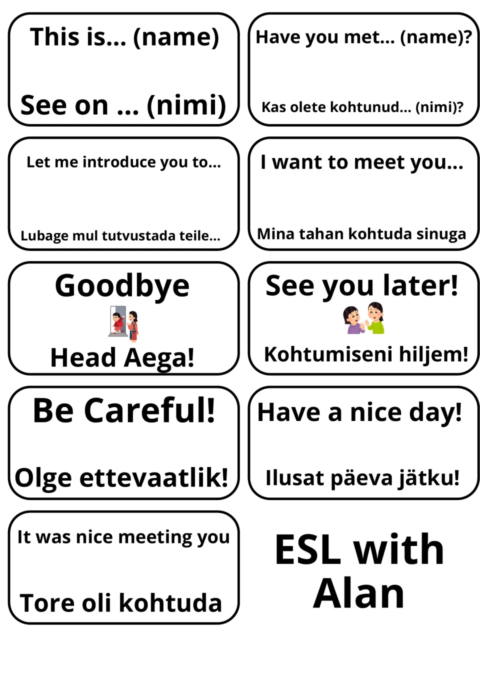 Estonian flashcards for introducing others and farewells: This is..., Let me introduce you to..., Goodbye, See you later!