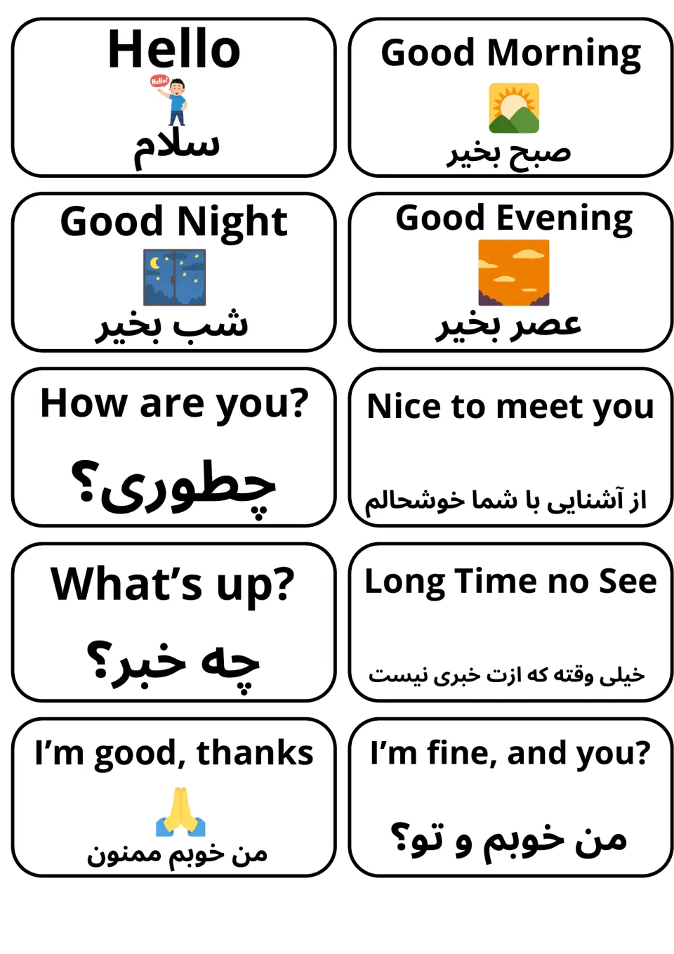 Greeting flashcards in English and Farsi: 10 cards such as Hello, Good Morning, How are you? and I'm fine, and you?