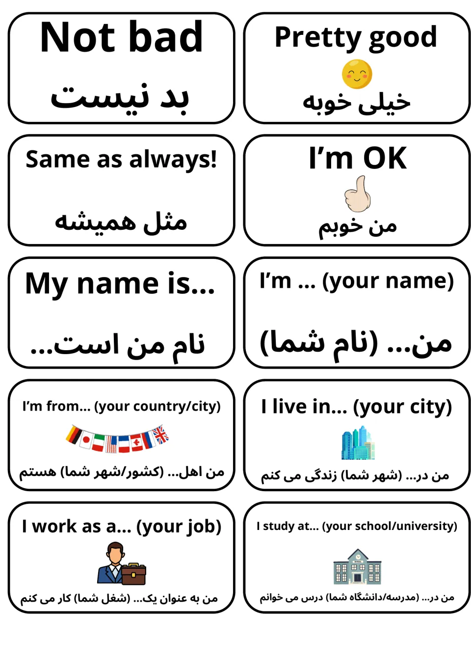 Farsi-English flashcards for replying to How are you? and self-introductions: Not bad, My name is..., I live in...
