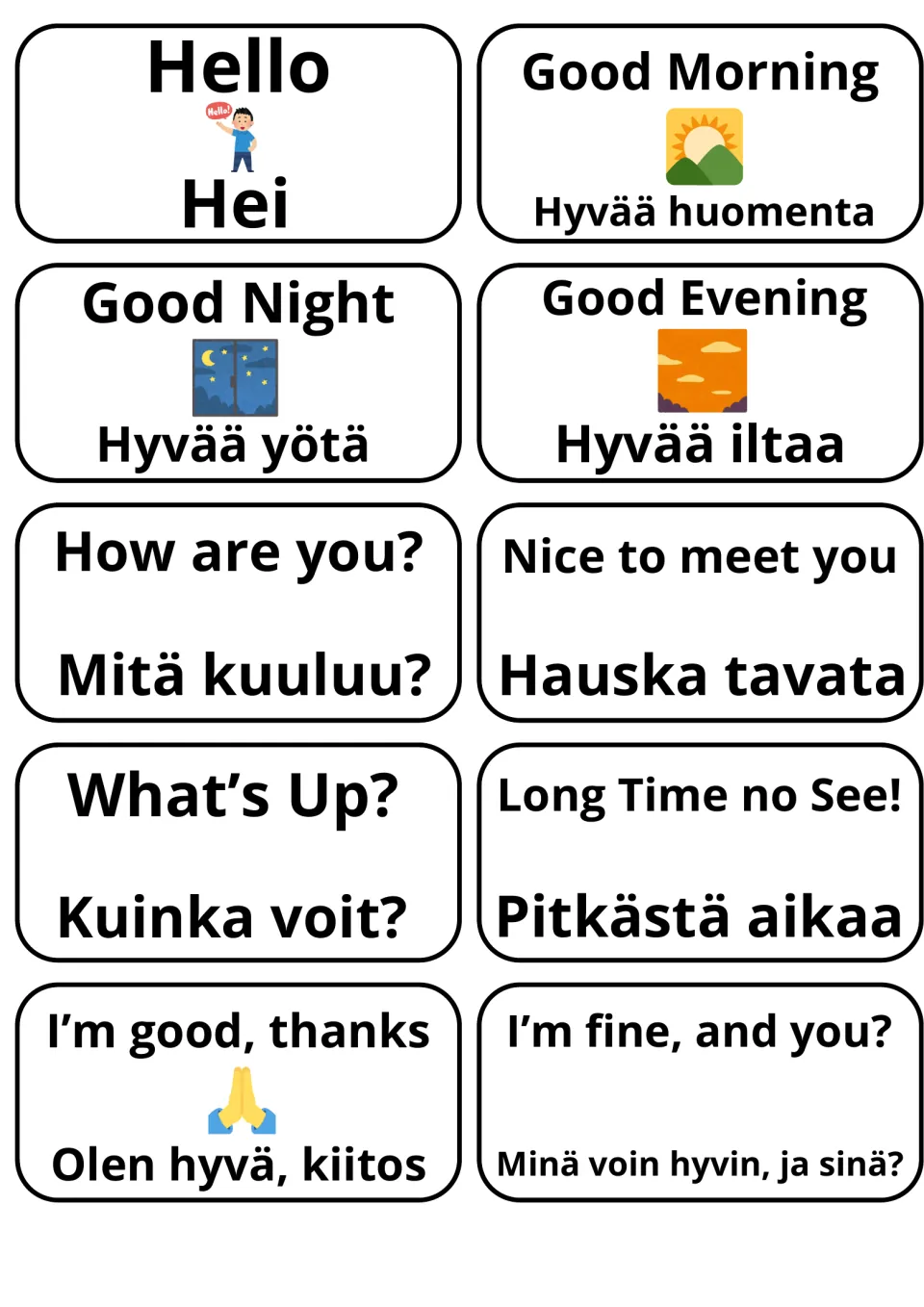 Finnish greetings flashcards: 10 cards pair English and Finnish, such as Hello/Hei and Good Morning/Hyvää huomenta