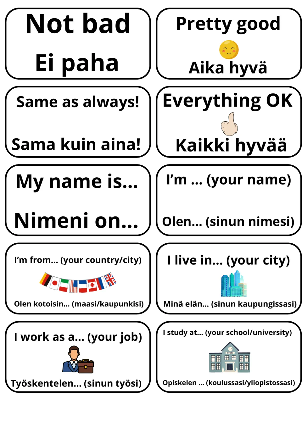 Finnish self-introduction flashcards: replies like Not bad/Ei paha and frames such as My name is.../Nimeni on...