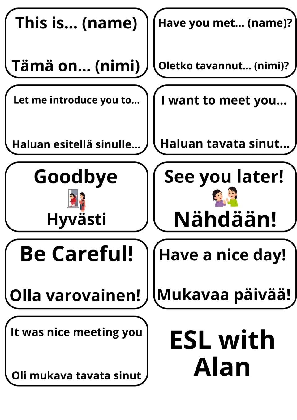 Finnish cards for introducing others and farewells: This is.../Tämä on..., Goodbye/Hyvästi, See you later!/Nähdään!