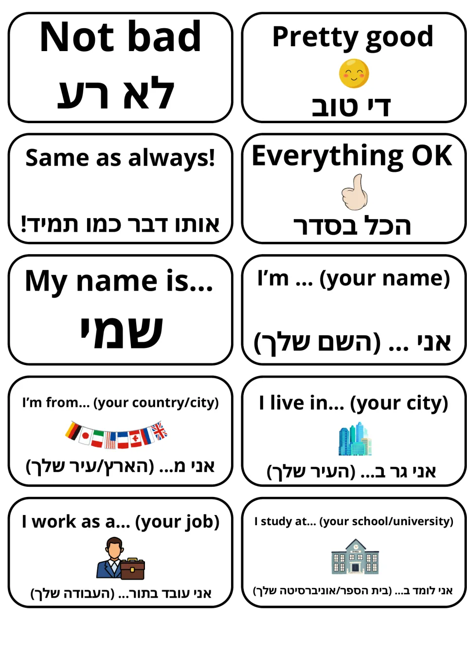 English-Hebrew flashcards on replies and self-introduction: Not bad, Pretty good, My name is…, I'm from…, I live in…
