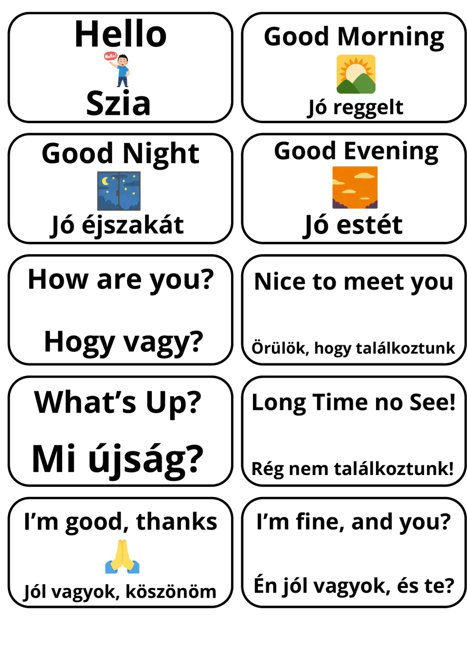 English-Hungarian greeting flashcards: 10 cards pair phrases like Hello/Szia and How are you?/Hogy vagy?