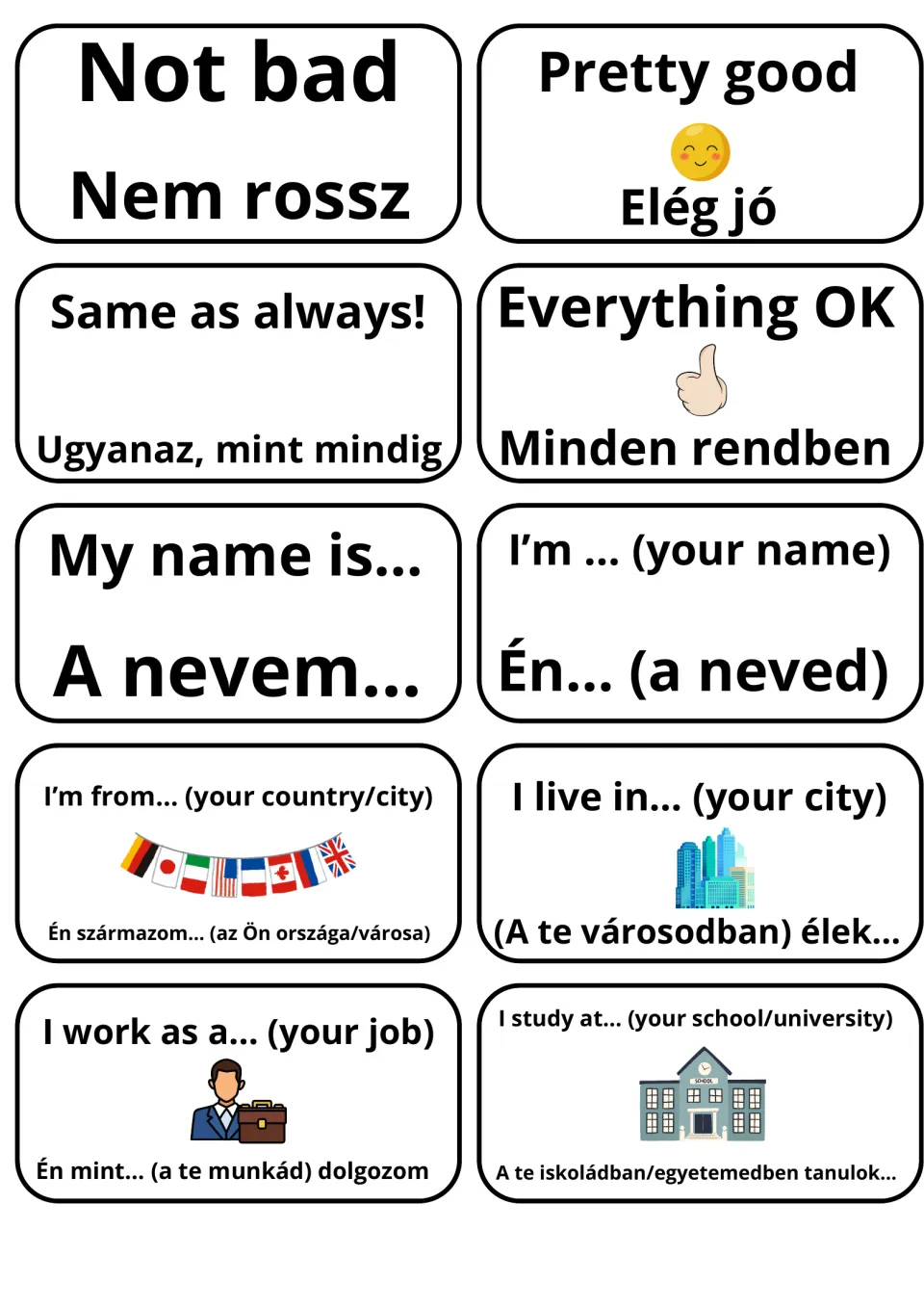Self-introduction flashcards in English and Hungarian: My name is/A nevem, I'm from, I live in, I work as, I study at